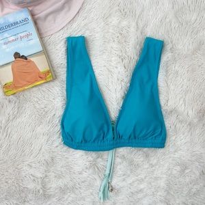 Aerie deep v aqua blue bikini top wide strap tie back fringe tassels and shells